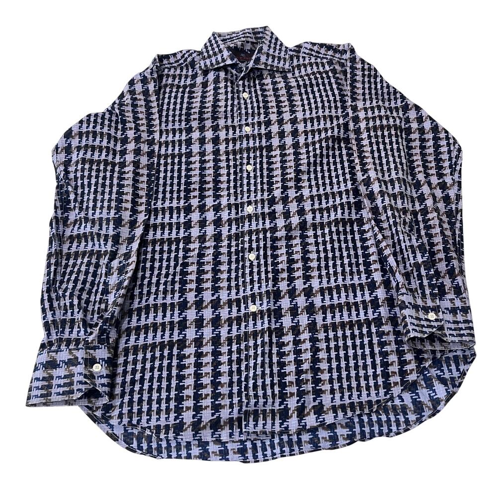 ETRO Milano Blue Check Houndstooth Long Sleeve 100% Cotton Dress Shirt 40/15.5 M